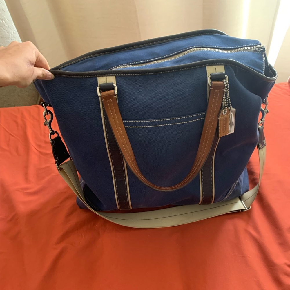 Vintage Coach Hampton Weekend Tote Bag in navy nylon with brown leather trim